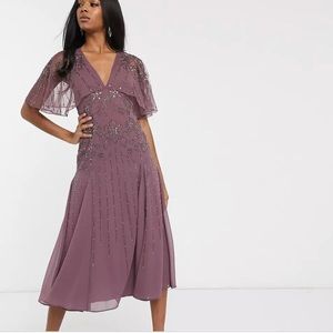 NWT ASOS Mauve Beaded Midi Wedding Guest Dress with Cape Sleeves